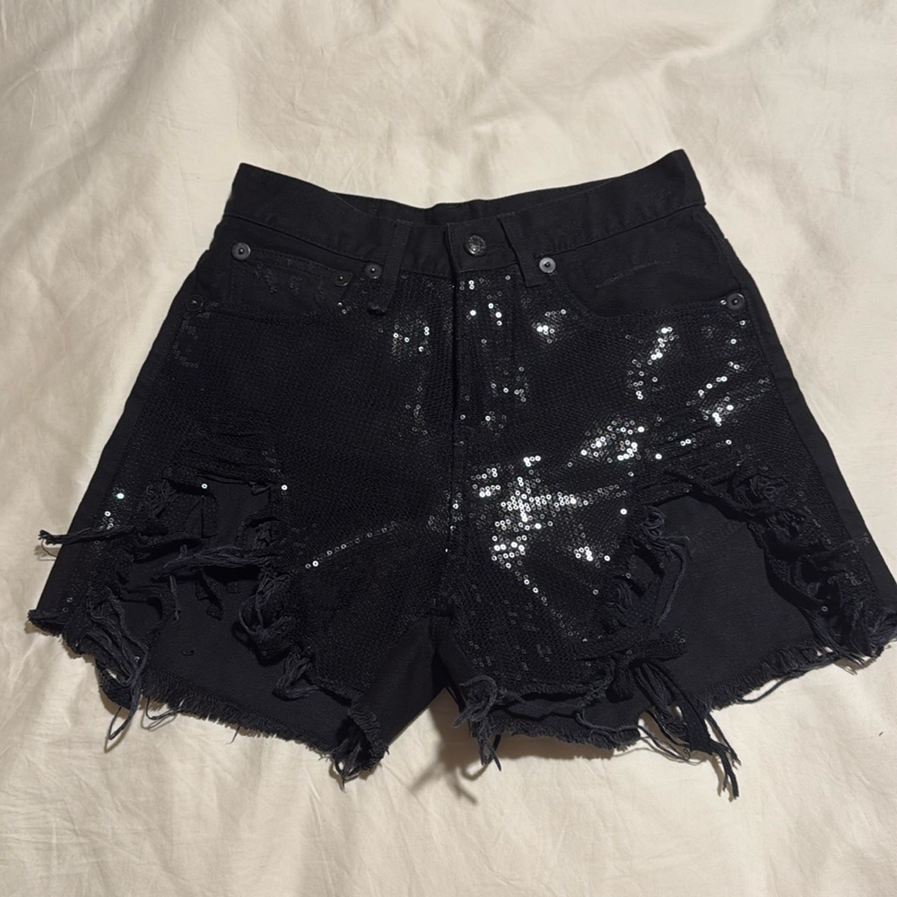 R13 Shredded Slouch Short in Black Sequin size 24